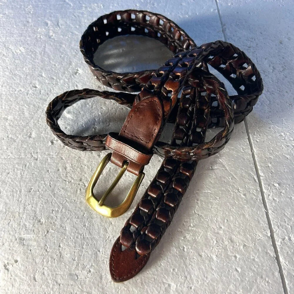 Roundtree & Yorke Mens Brown leather Belt woven open cutwork essential timeless